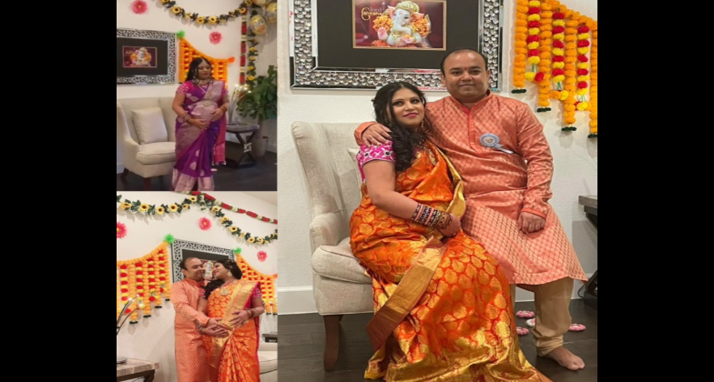 Indian Wedding Hair and Makeup_Ethnic - Saree drapings by Shalaka_orange couple