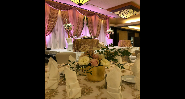Indian Wedding Venue_Hilton Richardson Dallas_pink white and gold stage with rose view